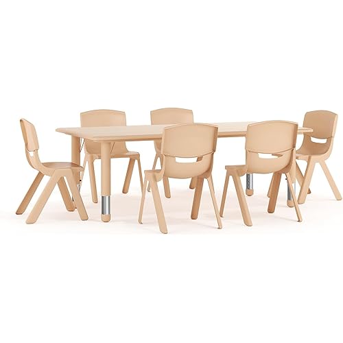Flash Furniture Emmy Adjustable Classroom Activity Table with 6 Stackable Chairs, Plastic Activity Table for Kids, 23.625" W x 47.25" L, Natural