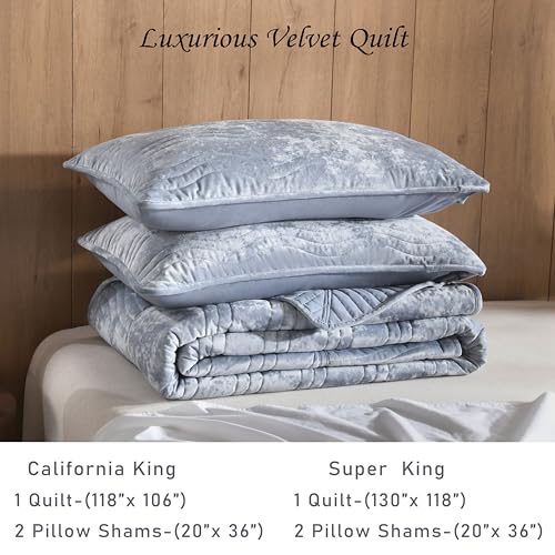 Image of Velvet Super King Size Quilt, Extra-Large Comforter Set Light Blue Bedding Set (130 inch*118 inch) with 2 Pillow Shams, Luxurious Quilt Set,All-Season 3 Pieces