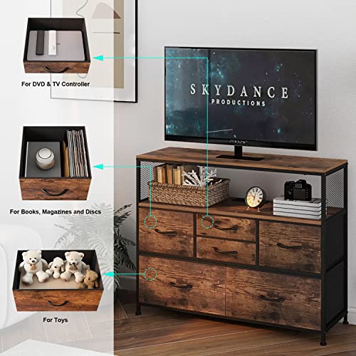 Simoretus Tv Stand With Power Outlet And Fabric Drawers Entertainment Center For Tv Up To 45 Inch Industrial Open Storage Shelf Media Console Dresser For Living Room Bedroom #TOP7