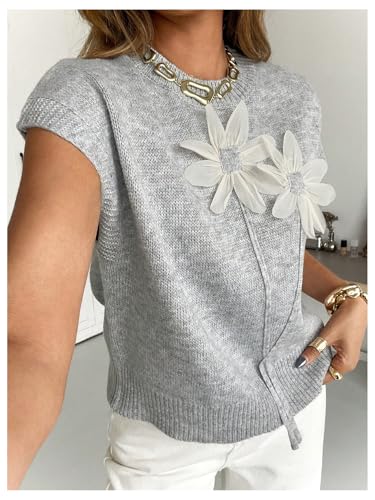 Image of SOLY HUX Women's Short Sleeve Sweater 3D Floral Sweaters Pullover Tank Tops Knit Vest Trendy Fashion Clothing