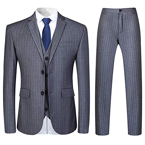 Traje de 3 piezas para hombre, ajustado, a rayas, formal, vestido con solapa de muesca, blazer y pantalones, gris, L