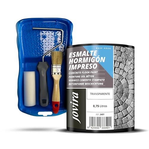 JOVIRA PINTURAS Resina-Esmalte Hormigón Impreso + Minicubeta, 2 Rodillo Antigota, Varilla y Paletina. (750 Mililitros, Transparente + Minikit Esmalte) I-7-K