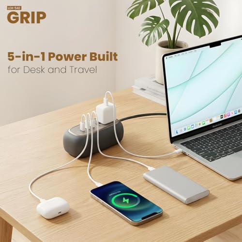 Image of LAPCARE Grip 5-in-1 Desktop Power Strip with 67W GaN Fast Charging, 2 Universal 3 Pin Socket, 2 Type-C PD Ports, 1 USB-A Port, Surge Protection, Fire-Resistant, Compact Power Hub for Home & Office