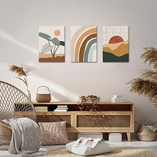Boho Wall Art Set Of 3, Framed Canvas Wall Art, Minimalist Nature Abstract Geometric Beige Sun Moon Desert Prints Artwork, Mid-Century Modern Wall Decor for Living Room, Bedroom, Bathroom, Office
