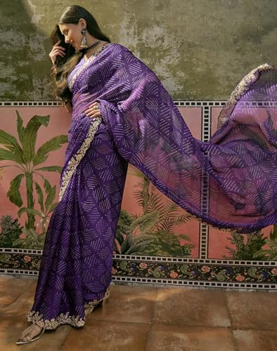 Image of SIRIL Women's Chiffon Scalloped Border Sequins Embroidery Saree with Unstitched Blouse Piece