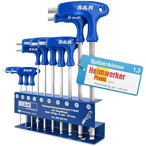 S&R Innensechskantschlüssel Satz HX S2 Hochleistungsstahl T-Griff Kugelkopf zuverlässiger Korrosionsschutz Werkzeughalter aus Metall 10-tlg 2 mm - 10 mm Sechskant Schlüssel Set Metrisch