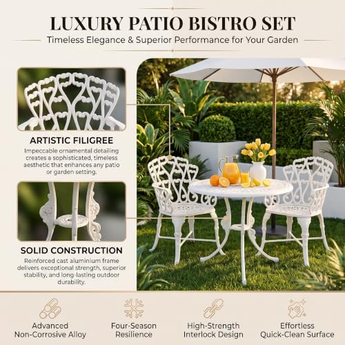 Image of BRISHI Cast Aluminium Garden Patio Seating Chair and Table Set for Balcony Outdoor Furniture with 1 Table and 2 Chair Set (White)