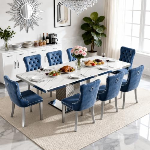 Image of 9-Piece Extendable Dining Table Set for 8, 63-94.5 inch Faux Marble Kitchen Table Set with 8 Grey Tufted Chairs, Large Expandable Dining Room Table for 6 8 10 with Silver Mirrored U-Shape Base