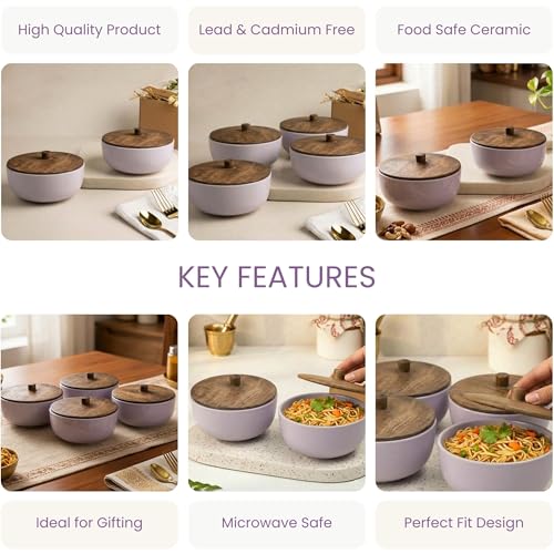 Image of The Earth Store Solid Lavender Ceramic Bowl Set of 2 with Lid, 500ML | Microwave & Dishwasher Safe Snack Bowl, Ceramic Bowl, Stylish Serving Bowls for Home, Office & Gifting