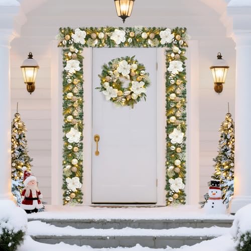 GarveeHome 6FT Christmas Garland with Lights, Prelit Christmas Garland for Mantle with 20 LED Lights Timer Gold Balls Magnolia Flower, Indoor Outdoor Xmas Garland for Fireplace Holiday Decorations