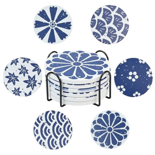 Image of Ceramic Coasters with Holder - Set of 6 Round Ceramic Absorbent with Non-slip Cork Base, Blue Patterns Decorative Cups Mats for Wedding, Bachelorette Party, Home Bar and Kitchen, 10.3 cm