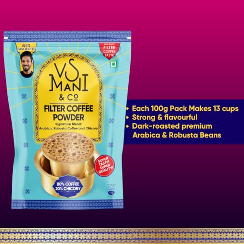 Image of VS Mani & Co. Filter Coffee Powder 80:20, Strong And Aromatic Filter Coffee | Authentic South Indian Flavour, Medium Roasted - Pack of 4 (100gm each)