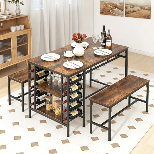 GAOMON 3-Pieces Dining Table Set for 2-4 People, Small Kitchen Dinner Table with 2 Bench, Dining Room Tables Set with Storage Drawer & Shelf, Wine Rac