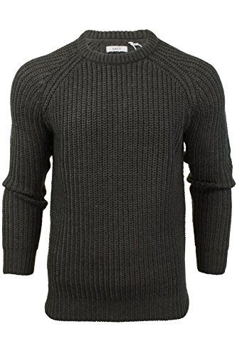 Xact Mens Jumper Fashion Chunky Fisherman Knit with Elbow Patches (Dark Charcoal Marl) M