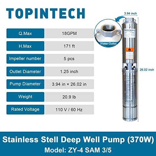 Topintech Stainless Steel Well Pump 0.5Hp 110V 18Gpm 171Ft Head Deep Well Submersible Pump For Domestic, Civil And Industrial #TOP1