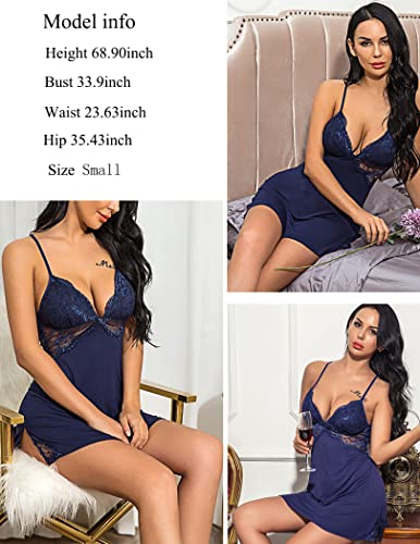 ADOME Women Chemise Lingerie V-Neck Nightie Full Slips Lace Babydoll Sleepwear Dress(M) Blue