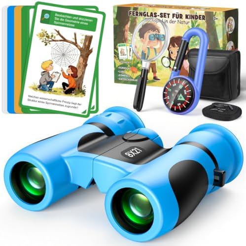 Fernglas für Kinder 8x21 mit Lupe, Kompass & Entdeckerkarten - Blau | Outdoor Spielzeug ab 3-10 Jahre, Gartenspielzeug Outdoor Spiele für Kinder, Natur Entdecker Set, Geschenk Jung