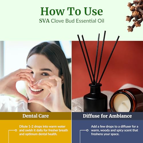 Image of SVA Clove Bud Essential Oil, Huge Bottle, Large Size, 32 Fl Oz (946 ml) | Clove Bud Oil for Diffuser, Humidifier, Home Fragrance, Oral Care, Body Massage, Soap Making, Candle Making & DIY Projects