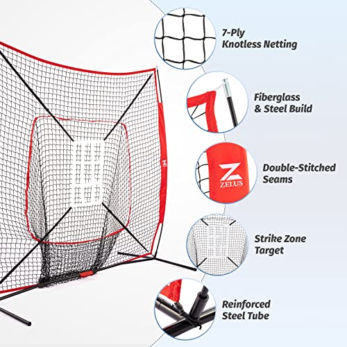 Zelus Baseball Net Kit With Tee And Strike Zone, 7X7Ft Softball Training Equipment For Hitting And Pitching, Portable Indoor Outdoor Batting Practice Net With Carry Bag Ball Caddy & 12 Baseballs (Red) #TOP2