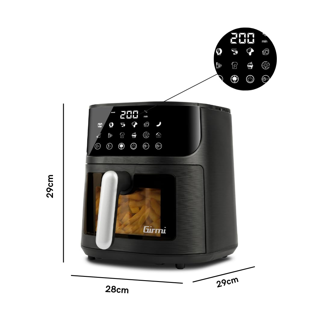 Girmi FG78 Friggitrice ad Aria con Finestra "Ecofrit Black", 6 Lt, 12 Programmi, 1500 W, Display Digitale, BPA/PFOA Safe, Luce Interna,Vassoio Antiaderente, Ricettario Incluso, Nero/Argento