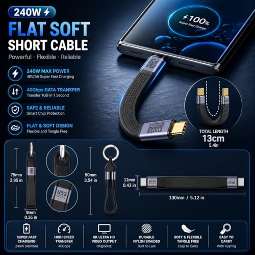 Image of 240W USB4 Fast Charging Cable with Keychain, 40Gbps Data Transfer & 8K Display, Short Tangle-Free USB C Cable for MacBook, iPhone, iPad, Samsung & Laptop (USB Cable(C) Cable+Pouch(White))