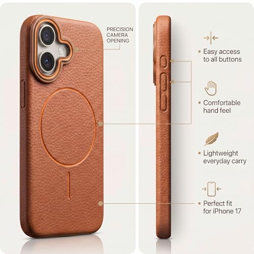 Image of amazon basics Luxury MagSafe Compatible Leather Texture Back Cover for iPhone 16 | Raised Camera Protection | Slim Fit Shockproof Case with Metallic Accents (Orange)