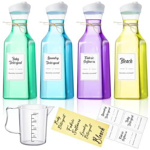 Hushee 4 Pcs Rustic Laundry Detergent Dispenser Bottle 51 oz PET Liquid Fabric Softener Laundry Soap Dispenser Powder Scent Bead Dispenser with Measure Cup Label for Laundry Room Organization