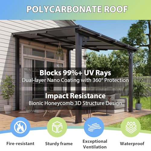 Aoxun 8\'x 10\' Premium Gazebo with Aluminum Top Frame & Polycarbonate Panel, Wall Mounted Gazebos Pergola, Outdoor Patio Lean to Gazebo, Awnings with Sloped Roof, for Backyard, Porch, Deck
