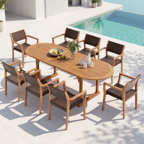 PHI VILLA Outdoor Dining Set for 8 Expandable Acacia Wood Table & Chairs