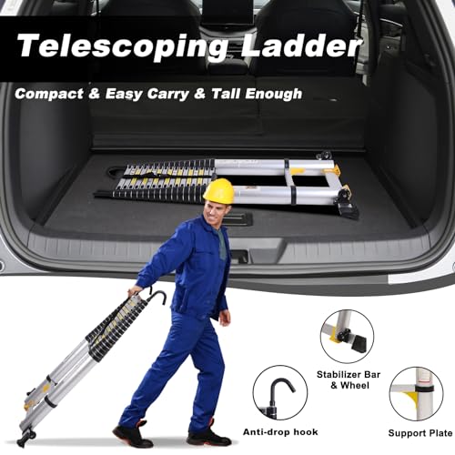 26.2FT Telescoping Ladder with Stabilizer Bar Wheels and Hooks, Multi-Purpose Extension Aluminum Folding Ladder Collapsible Adjustable Telescopic Ladders Extendable Ladder for Homeuse - Thumbnail 6