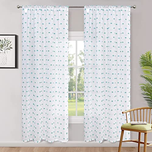 Mysky Home Teal Pom Pom White Sheer Curtains For Bedroom 95 Inch Long White Sheer Curtains For Nursery Teens Kids Room Light Filtering Rod Pocket Boho Semi Voile Window Drapes 38 X 95 Inch 2 Panels #TOP5