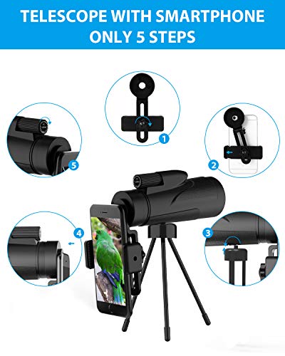 Viajero 12X50 Monocular Telescope, High Power Starscope Monocular with Smartphone Holder & Tripod, Day & Low Night Vision Waterproof Zoom Telescope, BAK4 Prism Dual Focus for Hunting Bird Watching