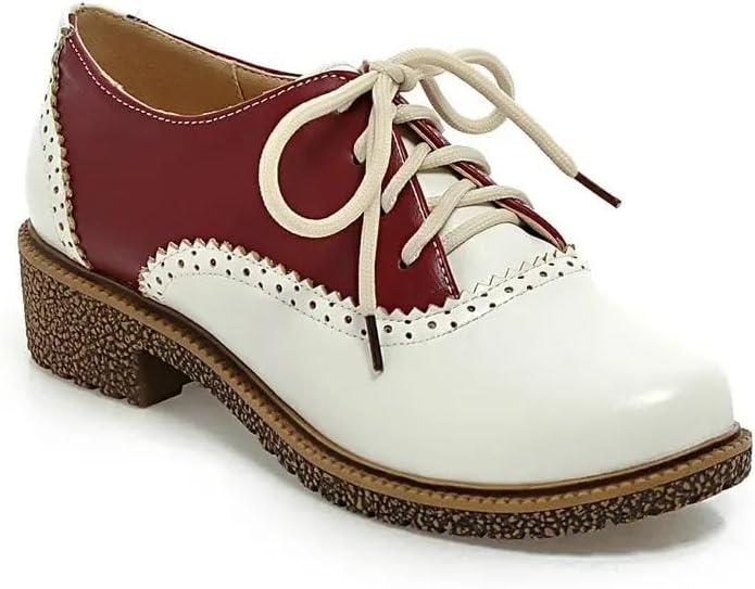 Women's Saddle Oxford Shoes - Classic Wingtip Brogue Flats, 50s Vintage Retro Chunky Low Heel Lace-Up Dress Shoes