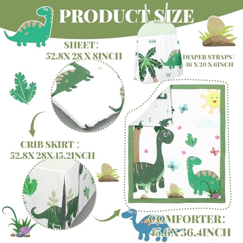 Image of Oudain 4 Piece Dinosaurs Crib Bedding Set Including Green Blue Dinosaurs Crib Skirt, Blanket, Sheet and Diaper Stacker, Soft Nursery Standard Size Baby Bedding for Baby Girls and Boys