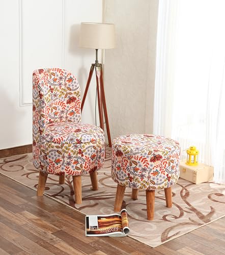 Image of NACIA Velvet Printed Ottoman Chair with Stool Combo | Dressing Table Chair for Bedroom Makeup Room Decor | Modern Upholstered Ottoman with Wooden Legs for Home (18x18x32 Inches, Baby Pink Leaf)