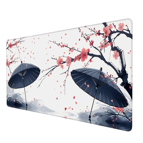 Schreibtischunterlage, Japan Mauspad XXL 90 x 40 cm, Erweitertes Gaming-Mauspad mit Genähten Kanten, Rutschfeste Wasserdichte Gummiunterseite Mauspad Blume, für Büro, Zuhause, Schreibtischdekor K-6