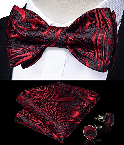Image of DiBanGu Men Bow Tie Paisley Striped Self-Bow Tie for Men and Silk Woven Bowtie Pocket Square Cufflinks Wedding Party