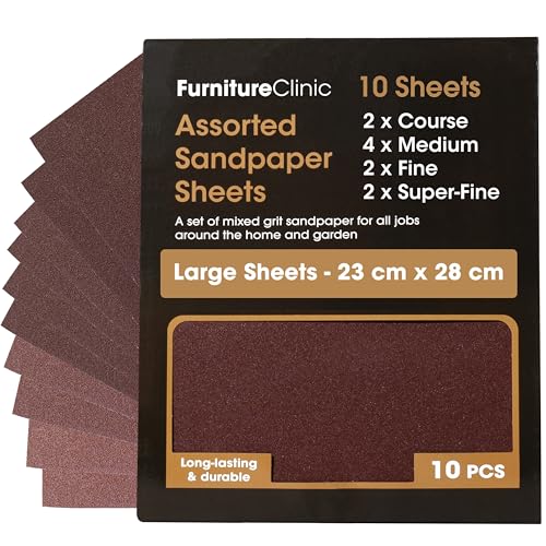 Furniture Clinic Assorted Sandpaper | 10 Large Sheets For Walls Metal Wood & Furniture for Hand Sanding Block or Sander Use | Coarse Medium Fine Sand Paper Pack (P40 P80 P120 P240)