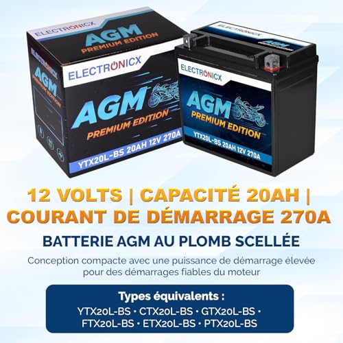 Batterie Moto AGM 12V 20Ah YTX20L-BS Electronicx