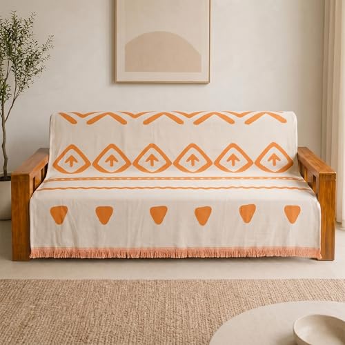 Image of Story@Home Premium Chenille Sofa Cover 3 Seater Wooden Sofa Cover | Anti Slip Sofa Mat 3 Seater 180x180cm for Complete Protection | Make Your Own Sofa Mat Set - Off White & Orange