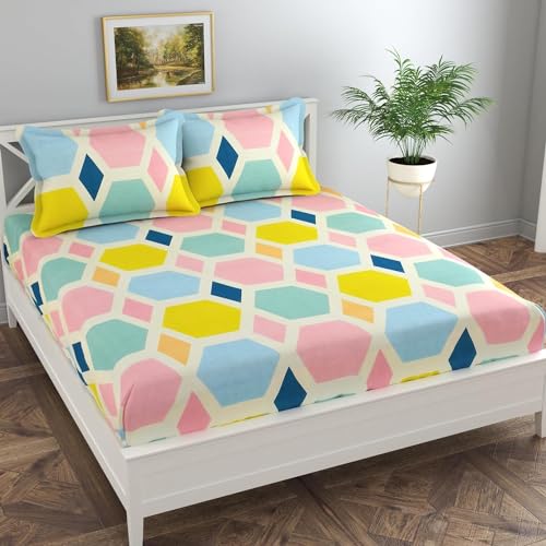 Image of KAWI Elastic Fitted Bedsheet 200 TC Stripe Double Bed Queen Size (60 inchX78 inchX8 inch)- Yellow&Peach Color