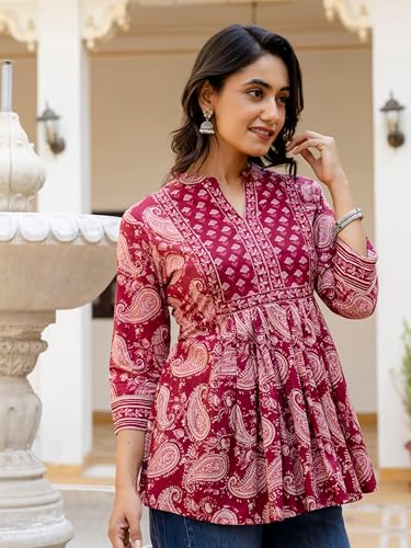 Image of Arayna Women's Pure Cotton Paisley Printed Tunic Top - Comfortable Everyday Wear