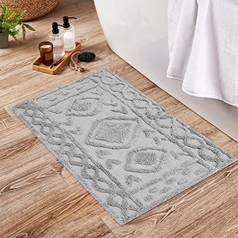 AGELMAT Boho Bathroom Rug 2x3, Tufted Small Cotton Area Rug Washable Woven Geometry Throw Carpet Farmhouse Entryway Rugs Bath Mat for Kitchen Doorway Porch Bedroom Laundry Gray Cover