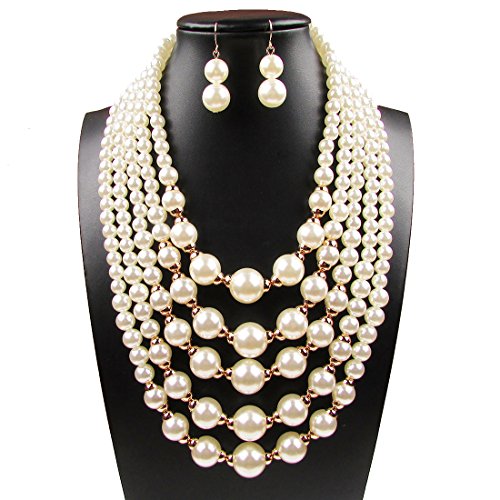 Yuhuan Women Elegant Pearl Jewelry Bead Cluster Collar Bib Choker Necklace and Earrings Set (Ivory)2
