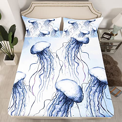 Jellyfish Fitted Sheet Queen,Ocean Nautical Bed Sheets For Kids Boys Girls,Hawaii Beach Bedding Sets Teens Cute Sea Animal Bedding Decor Set Jellyfish Aquarium Decor #TOP29