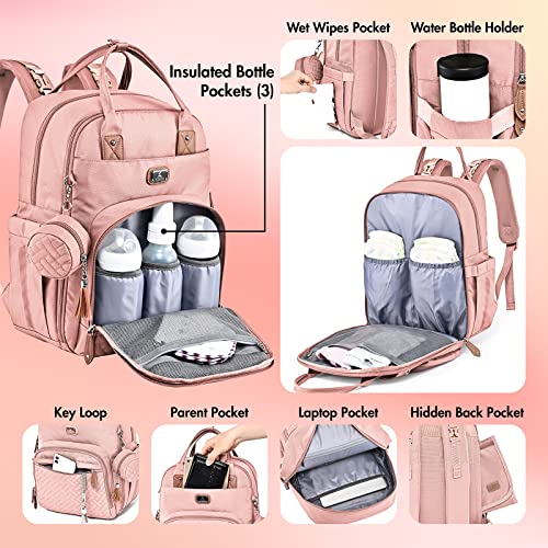 Dikaslon Diaper Bag Backpack With Portable Changing Pad, Pacifier Case And Stroller Straps, Large Unisex Baby Bags For Boys Girls, Multipurpose Travel Back Pack For Moms Dads,Pink #TOP3