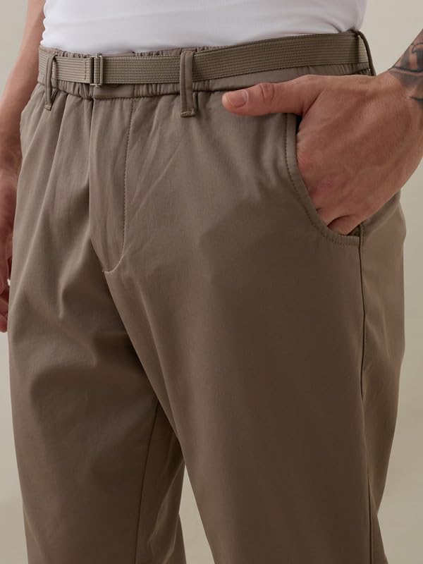Image of Nostrum Men's Smart-Casual Tapered Trousers for Men, Charcoal, Cotton Corduroy, Mid Rise, Regular Slim Fit with Adjustable Belt, Side and Back Pockets, Casual Wea