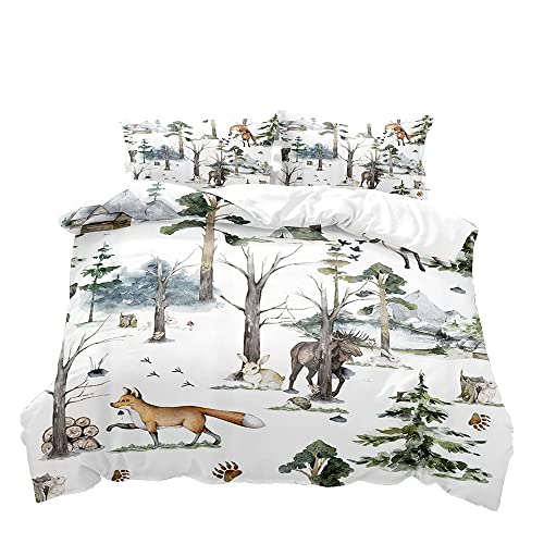 Vivihome 2Pcs Woodland Animals Duvet Cover Set, Twin Bedding Sets, White Duvet Cover, Wildlife Rabbit Fox Deer Elk Moose Bear Camping Hunting Lodge Cabin Country Rustic Farmhouse Bedding, 1 Pillowcase #TOP1
