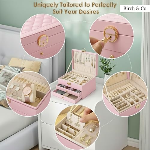 Image of Birch & Co. Jewellery Box - 3 Layer jwell organizer storage box, Portable Travel-Friendly Storage. Elegant Storage Case for Rings, Earrings, Necklaces & Bracelets, Pink