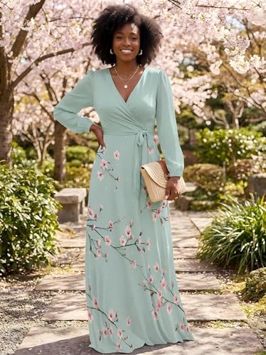 Image of PinkPatty Women's Long Sleeve Maxi Dress Plus Size Trendy Wedding Guest Dress with Pockets&Belt